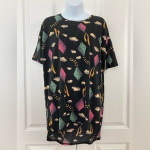 NWT Lularoe Irma Tunic Size XXS 2XS black kite clouds pink green Hi Lo Shirt Top